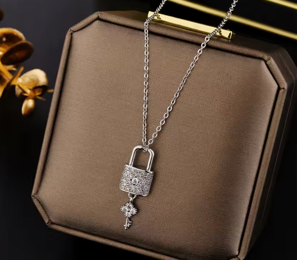 Luxury Zircon Crystal Lock & Key Pendant Necklace for Women