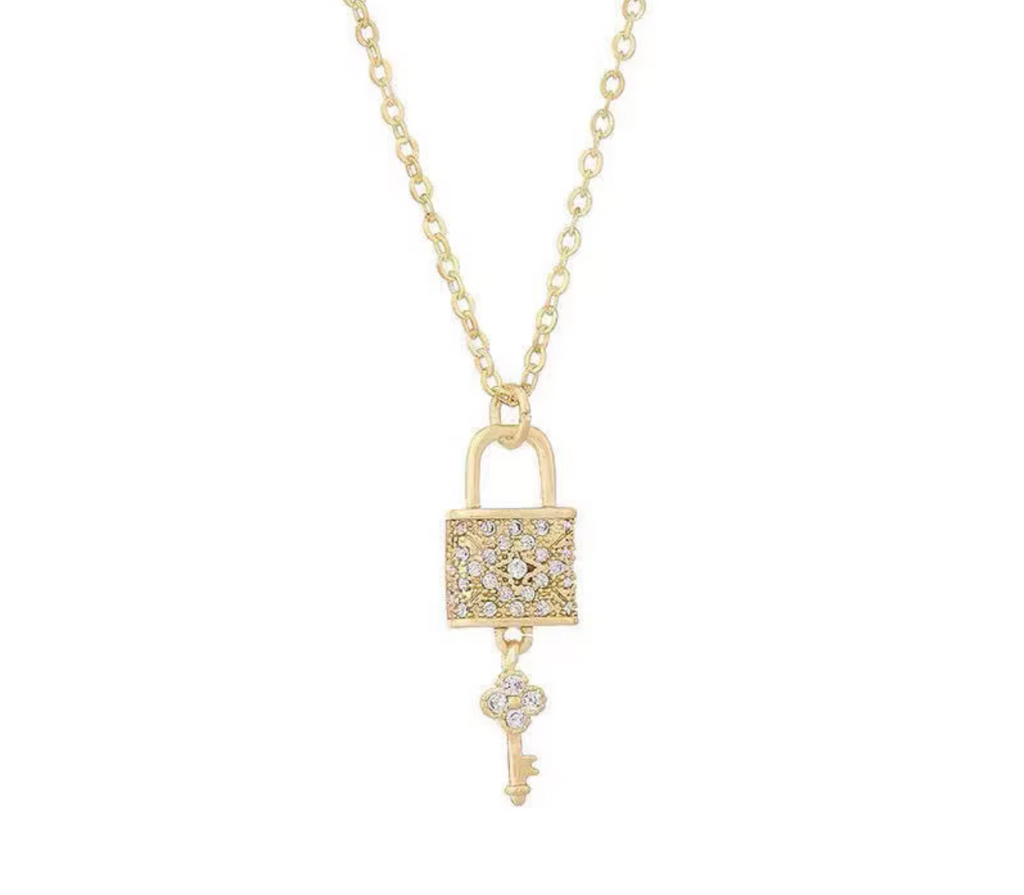 Luxury Zircon Crystal Lock & Key Pendant Necklace for Women