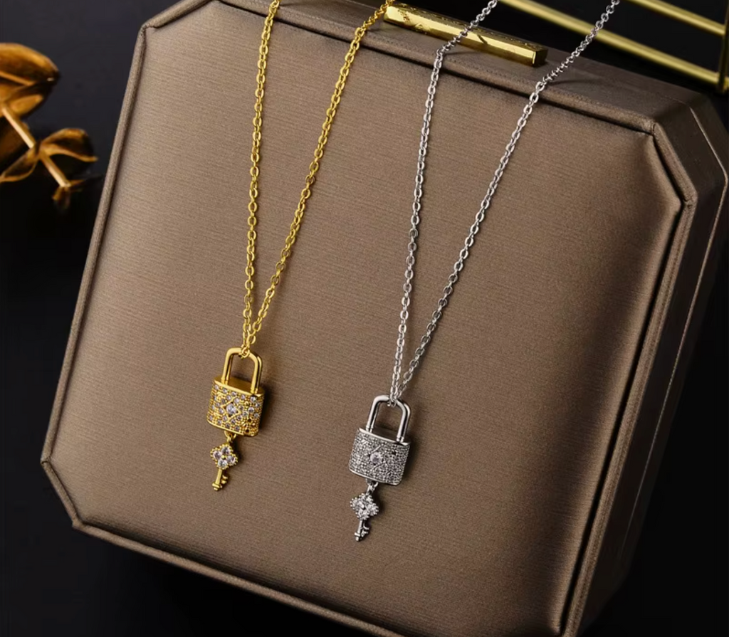 Luxury Zircon Crystal Lock & Key Pendant Necklace for Women