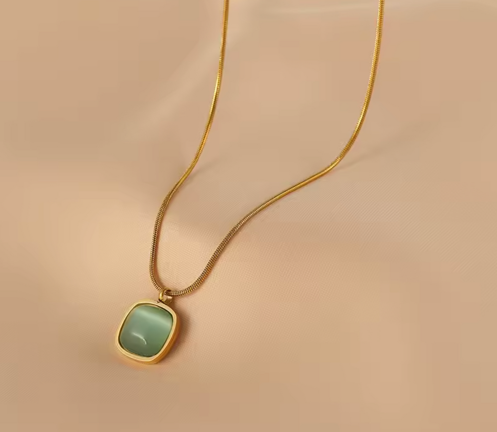 Square Natural Stone Gold Color Stainless Steel Necklace for Women