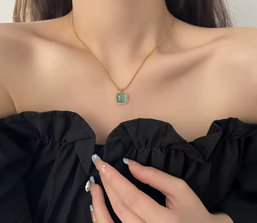 Square Natural Stone Gold Color Stainless Steel Necklace for Women