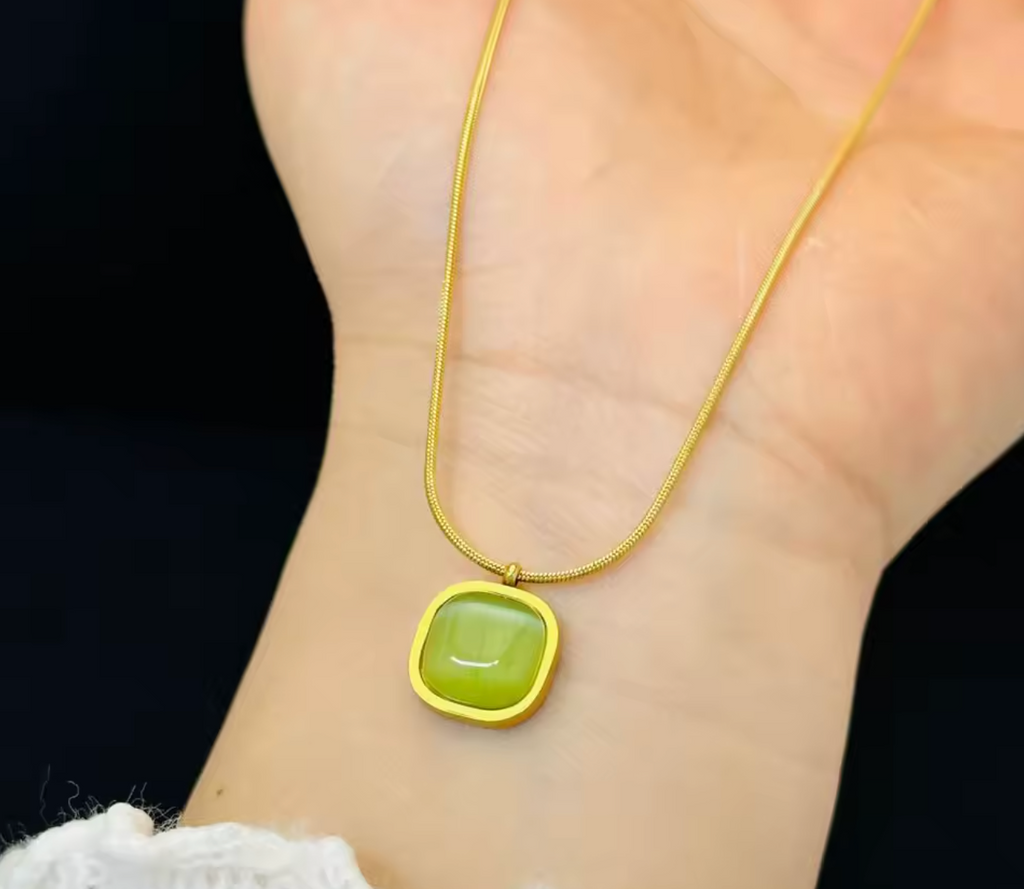 Square Natural Stone Gold Color Stainless Steel Necklace for Women