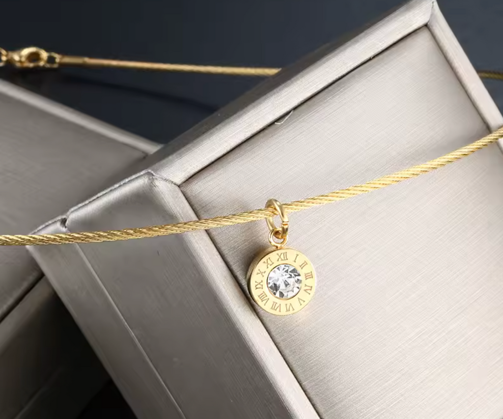 Gold Color Stainless Steel Roman Numeral Zircon Pendant Necklace for Women