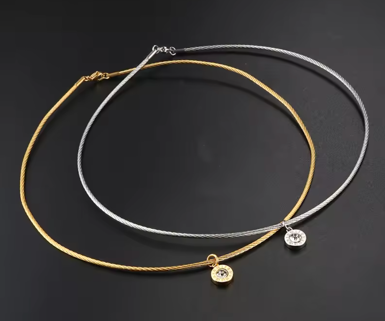 Gold Color Stainless Steel Roman Numeral Zircon Pendant Necklace for Women
